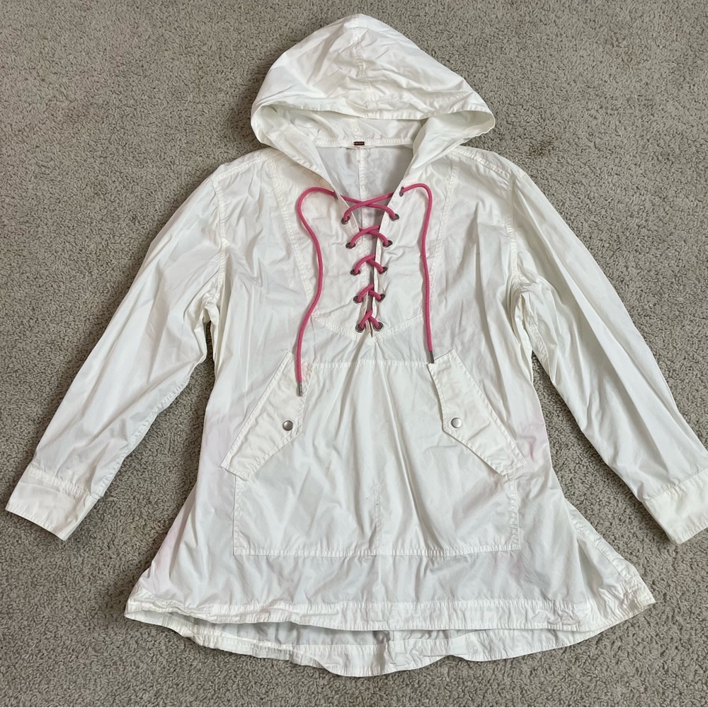FREE PEOPLE White POPLIN Pink Laced OVERSIZED Hooded BEACH Hoodie JACKET